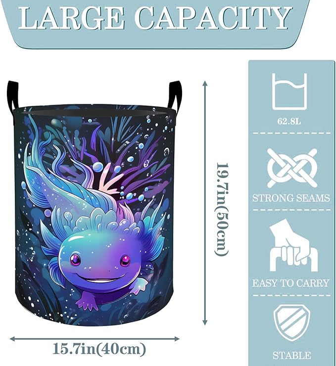 VODRM Cute Axolotl Underwater Laundry Basket, Dirty Collapsible Clothes Toy Organizer Hamper for Kids Adults, Oxford Cloth Waterproof Storage Bin for Bedroom Bathroom Home Decor Gifts, 19.7"X15.7"