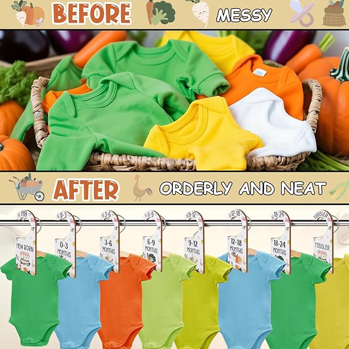 Baby Closet Dividers 8PCS, Locally Grown/Farmer's Market Themed Wooden Double-Sided Clothes Size Hanger Organizer from Newborn to Toddler for Nursery Decor Baby Shower Birthday Gift