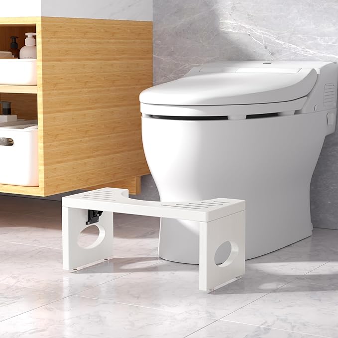 7 Inch Bamboo Toilet Stool, Foldable Poop Stool, Bathroom Step Stool Squat (White)