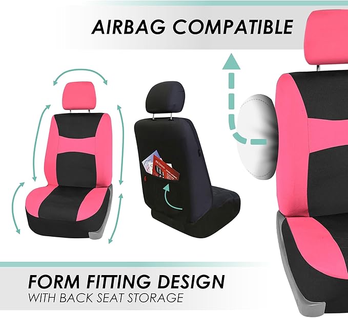 FH Group Full Set Cloth Car Seat Covers, Universal Fit combo, Low Back Front Seat Covers, Airbag Compatible, Split Bench Rear Seat, Washable Seat Cover for SUV, Sedan, Van, Pink