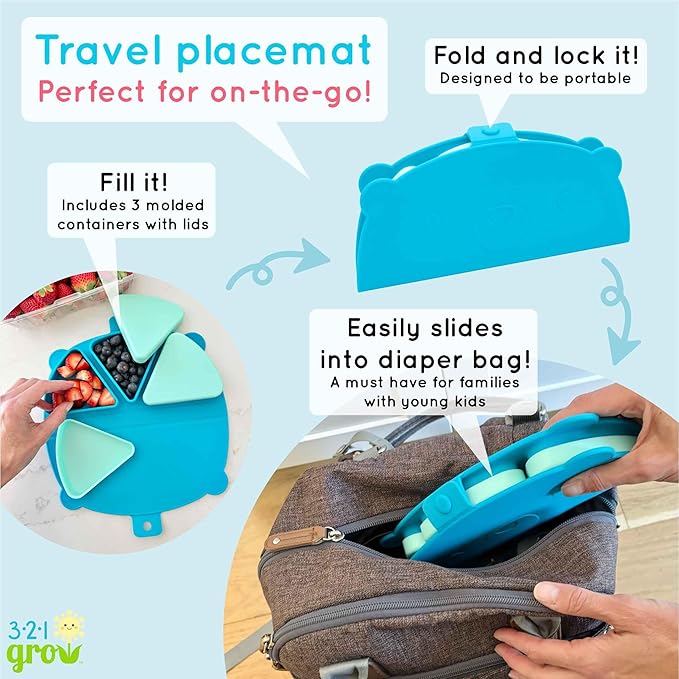 Silicone On-The-Go Snack Mat – Foldable Reusable Placemat with 3 Compartments and Lids – Travel-Friendly Baby and Toddler Snack Plate – Dishwasher Safe (Pebble)