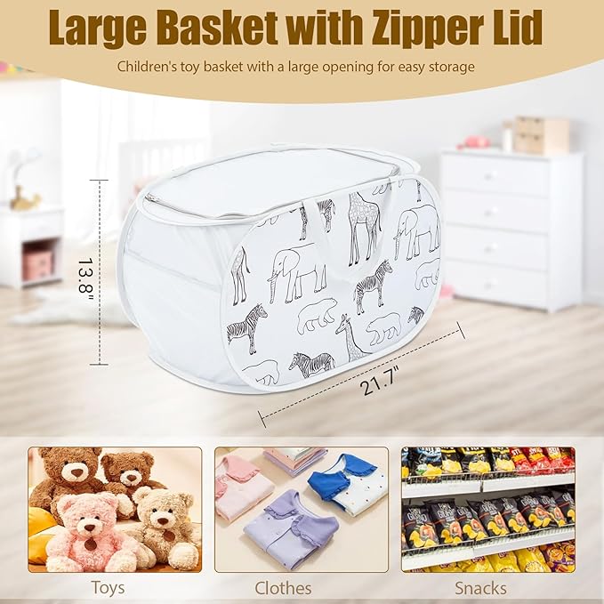 Collapsible Toy Box with Zipper Lid - Lightweight Stuffed Animal Storage Basket Organizer, Sturdy Foldable Toy Basket with Handles for Kids, Boys, Girls, Playroom, Bedroom - Animal Print, White