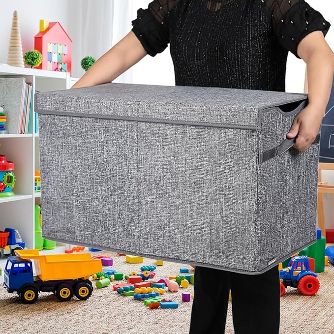 YOLOXO Toy Box Chest, Collapsible Sturdy Storage Bins with Lids, Extra Large Kids Toy Storage Organizer Boxes Bins Baskets for Kids, Boys, Girls, Nursery Room, Playroom, Closet (Linen Gray)