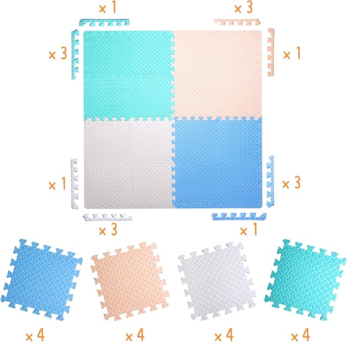 Coolcandy Baby Foam Play Mat 16Pcs with Edge Strips, 4 Colors Interlocking Floor Tiles, 0.4″ Thickened Non-Slip Puzzle Floor Mat for Infants Toddlers Playroom & Daycare