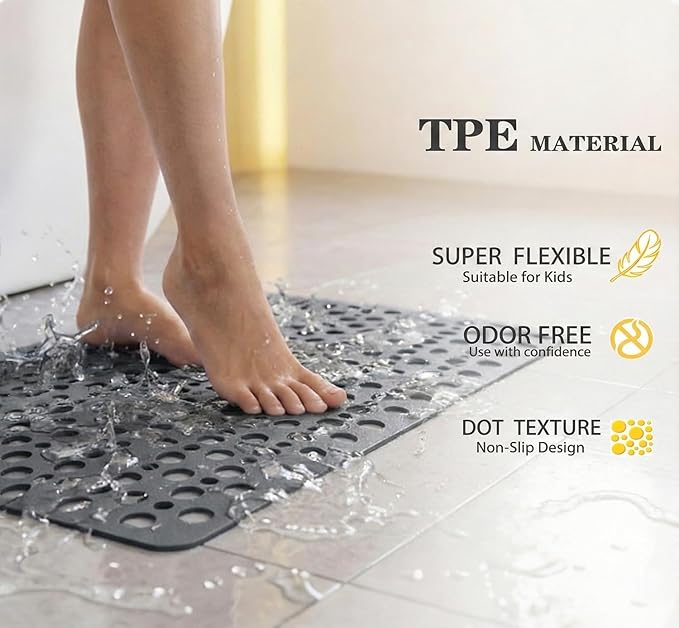 Nonslip Bathtub Mat Extra Soft TPE Bath Mat for Kids, Machine Washable Bathroom Shower Mat (Gray/ 35L x 16W Inch)