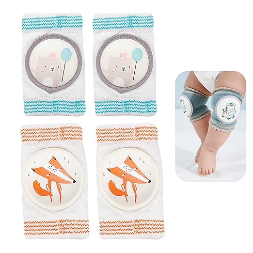 Reidio 2 Pairs Baby Knee Pads for Crawling Breathable Elastic Cotton Crawling Knee Pads Cute Unisex Baby Knee Protector with Sponge Pad for Baby Toddler (Fox & Bear)