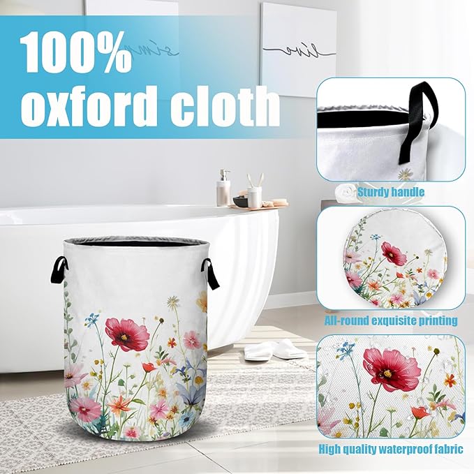 Watercolor Wildflowers Laundry Basket, Floral Laundry Hamper Collapsible Oxford Cloth with Handle Clothes Toy Storage Bin for Bathroom Laundry Room Bedroom 15.7 X 20 Inch