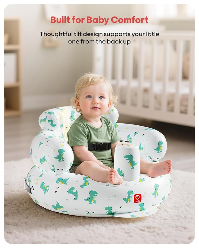 QPAU Inflatable Baby Seat with Safety Harness for Babies 3 Months & Up, Baby Floor Seats for Sitting Up, Baby Seats for Infants, Blow Up Baby Chair with Built in Air Pump (Green Dinosaur Pattern)