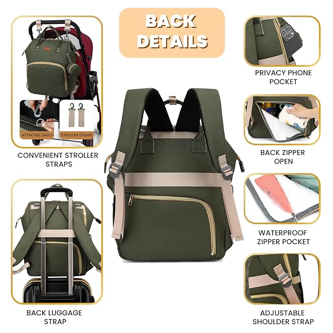 ROSEGIN Diaper Bag Backpack with Changing Pad, Pacifier Case, Baby Bag for Boy Girl Toddler - Large, Stylish, Waterproof Travel Quilted Diaper Bag for Mom - Baby Shower - Army Green