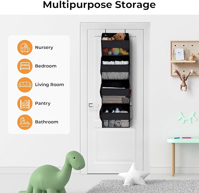 GRANNY SAYS Over The Door Organizer, 4-Shelf Waterproof Behind Door Storage with 6 Pockets and Clear Window, Anti Tilt 35lb Large Capacity Hanging Organizer for Baby Diapers, Toys Storage, Black