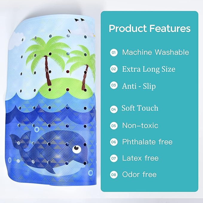 Tubozadi Bath Mat for Tub for Kids Non Slip Bathtub Mat for Baby Toddler Extra Long Bathroom Shower Mat with Suction Cups,Drain Holes,40X16 Inch,Ships
