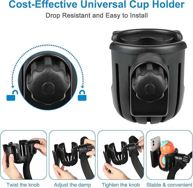 Accmor Stroller Cup Holder with Phone Holder, Universal Cup Holder, 2-in-1 Cup Phone Holder for Stroller, Bike, Walker, Wheelchair