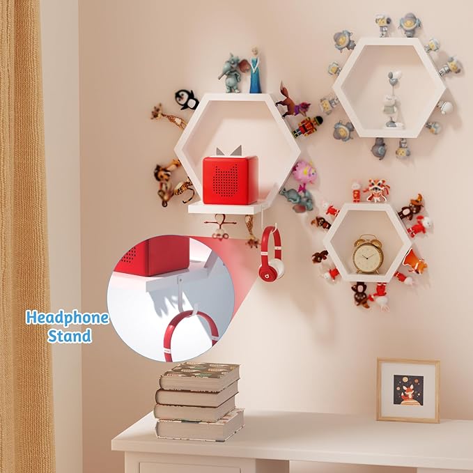 Hexagon Tonies Shelf Magnetic - Tonies Storage Shelf Set of 3 for Kid Room, Wooden Magnetic Display Shelf for TonieBox Holder, Wall Floating Shelves Toy Storage Compatible with Tony Accessories(White)