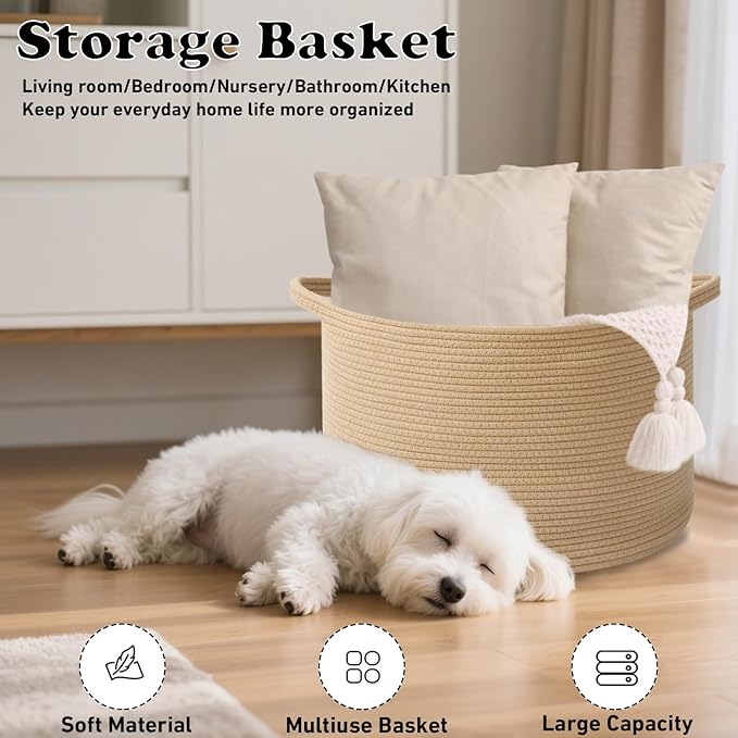 Large Storage Basket with Handle,23.6" x 23.6" x 15.7" Blanket Basket Storage Bins for Organizing,115L Cotton Rope Woven Baskets for Living Room, Nursery,Bedroom,Camel