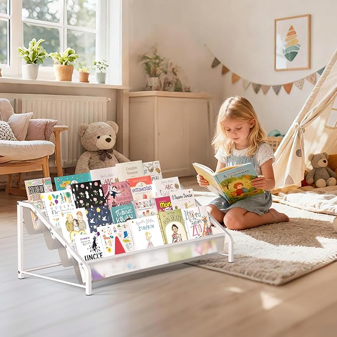 4-Tier Toddler Bookshelf & Organizer - Sturdy Metal Book Rack for Kids Room - Montessori Front-Facing Display Stand, High-Capacity Transparent Storage for Nursery & Playroom, 32 Inch