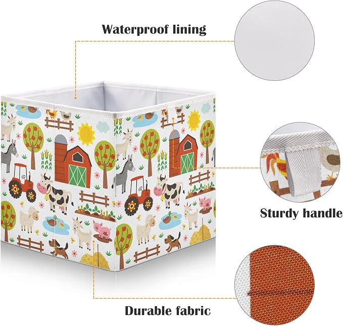 Kigai Farm Animals Cube Storage Bin, Large Foldable Organizer Basket for Toys, Shelves, Laundry, Nursery -11 x 11 x 11 in