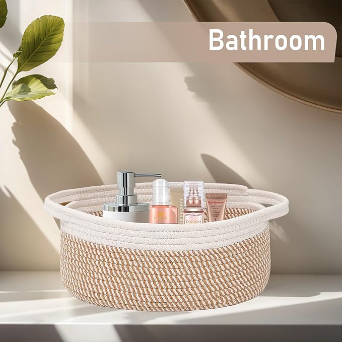 JMvicyroam Woven Basket,Small Rope Storage Bin with Handles & Ribbon Bag, Organizer for Shelves Closets,Gift Basket Empty for Birthday,Books,Dog Toys, White&Brown Block/2 Pack