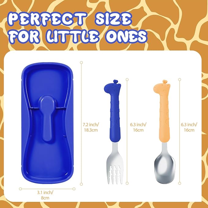 lohodo Toddler Utensils Kids Spoon and Fork Set 18/8 Stainless Steel Silverware BPA Free Blue & Yellow Cute Giraffe Child Flatware with Travel Case for Age 3+