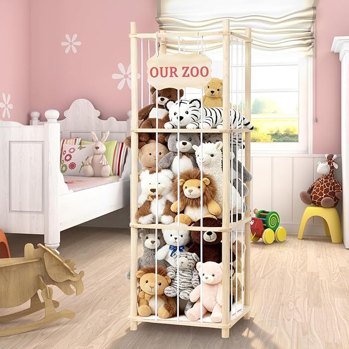 Stuffed Animal Storage & Organizer, Wooden Large Capacity Stuffed Animal Zoo with Elastic Cords, Sturdy Space-Saving Plushie Toy Shelf Cage Tower for Nursery Playroom Bedroom 54 in, Easy to Install