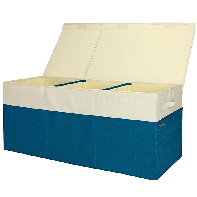 BALEINE Fabric Storage Bins with Lid, Collapsible Extra Large Storage Boxes Bins Baskets with Divider for Home Organizing (37.5"x13"x16", Navy Blue&Beige)