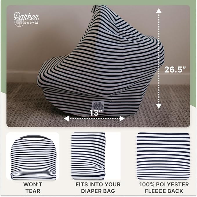 Parker Baby 4 in 1 Car Seat Cover for Boys - Stretchy Carseat Canopy, Nursing Cover, Grocery Cart Cover, High Chair Cover - Navy/White Stripes