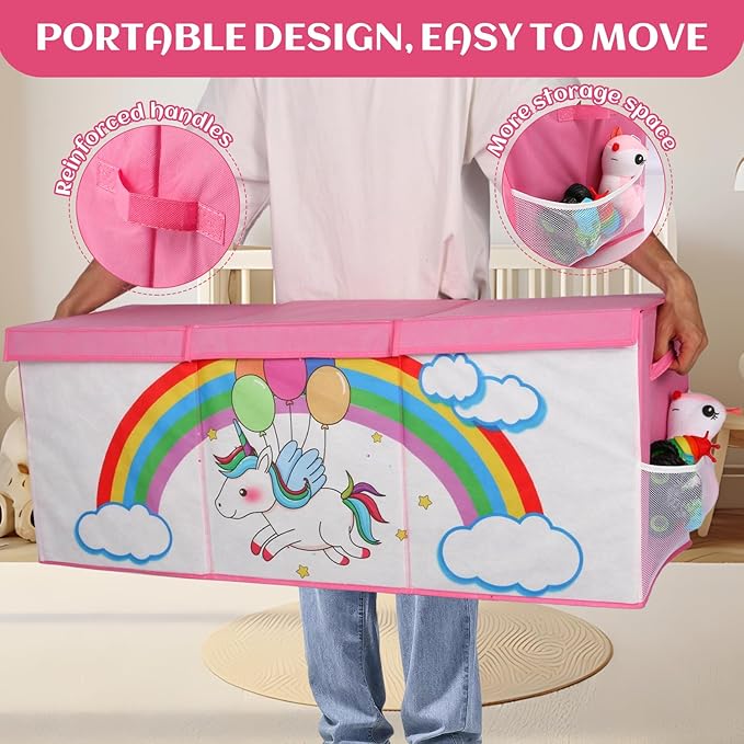 Dqoetort Extra Large Toy Box, Collapsible Storage Organizer with Lids, Sturdy Unicorn Toy Chest for Boys Girls, 40"x14"x16" Kids Storage Bin Box Baskets for Living Room, Playroom, Bedroom, Nursery