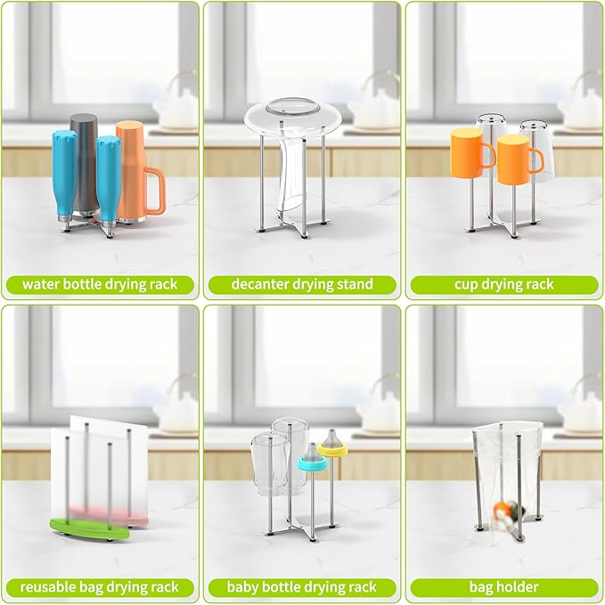 SHILFID Plastic Bag & Bottle Drying Rack, Multifunctional Wine Decanter Holder, Collapsible Countertop Stand