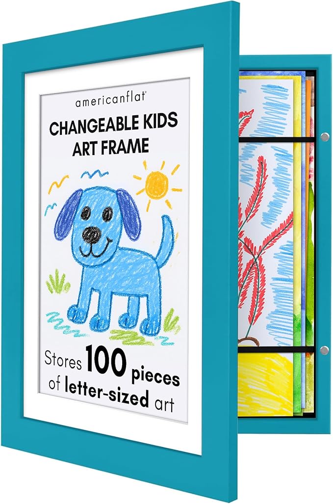 Americanflat Kids Artwork Frame Changeable (Aquamarine) - Magnetic Door Holds 100 Art Pieces - 8.5x11 Letter Size Display with Mat or 10x12.5 Without Mat - My Mini Masterpiece