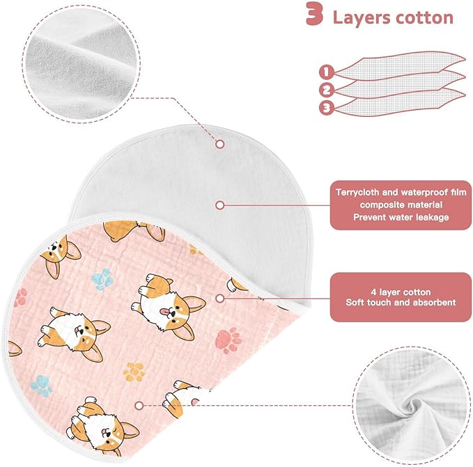 Qinllo 1 Pack Muslin Burp Cloths Cute Dogs Pink Cotton Baby Burp Cloths Soft Burping Cloth Absorbent Spit Up Rags for Newborn Boys Girls 22x11 Inch