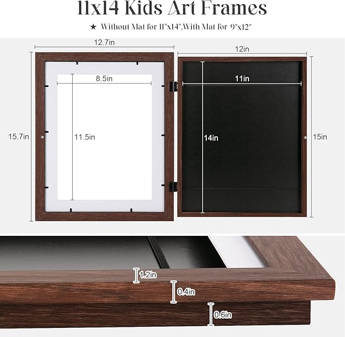 2-Pack Kids Art Frames, 11x14 Front Opening Kids Artwork Frames Changeable, Displays 9x12 With Mat and 11x14 Without Mat, Holds 50 Pcs, for 3D Picture, Crafts, Children Drawing, Hanging Art, Portfolio