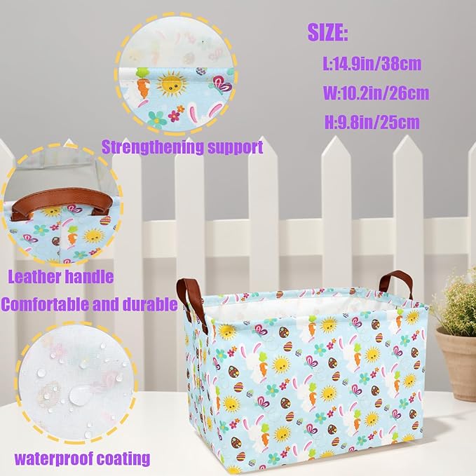 ASKETAM Easter Basket for Kid Large Empty Rectangular Cute Easter Gift Storage Basket Bunny Eggs Décor (Rabbit Butterfly Sun)
