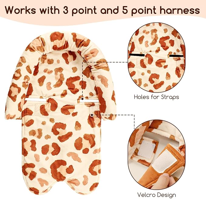GFU Baby Car Seat Head Support for Newborn, 2 in 1 Infant Car Seat Head Body Support with Strap Pads, Soft Stroller Cushion Pillow Insert for Girls, Fits for Stroller, Swing, Brown