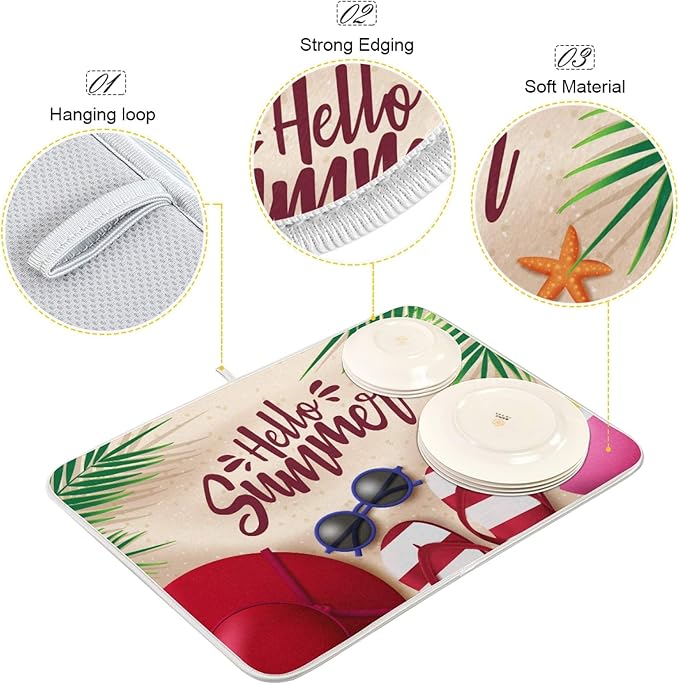 Hello Summer Dish Drying Mat for Kitchen Counter 16x18 in, Flip Flop Tableware Bottle Dryer Rack Mats for Kitchen Sink