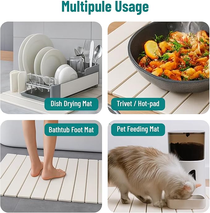 Stone Dish Drying Mat For Kitchen Counter Off-White 24"x16" – Quick Dry & Foldable Diatomaceous Earth Mat for Dish , Bottle , Cup , Tableware & Match Any Countertop.