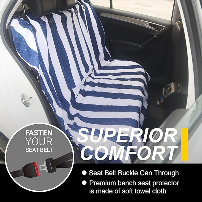 LoyaGour Back Seat Cover for Car Trucks Van SUV,Waterproof Rear Bench Towel Seat Covers for Dogs and Kids,Automotive Backseat Protector (Blue Stripe)