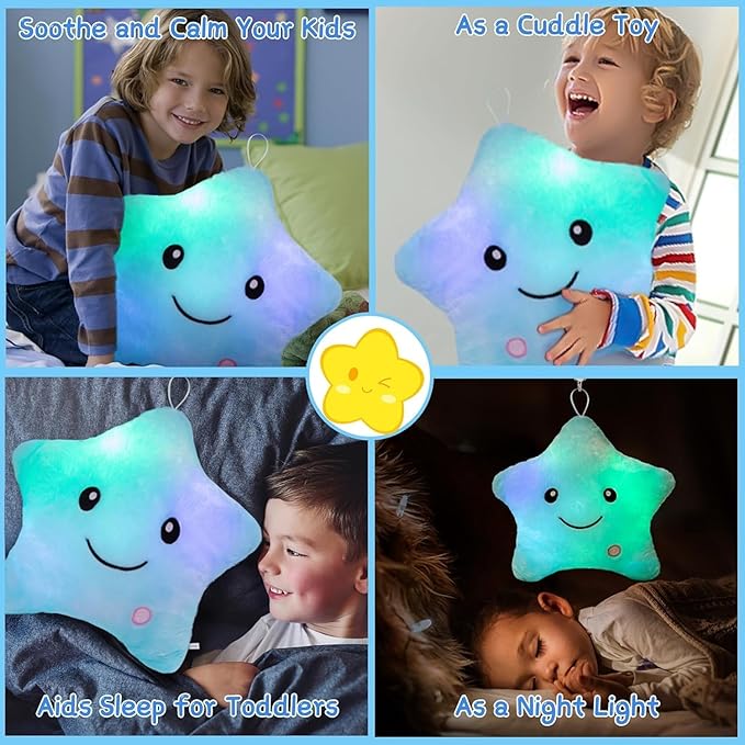 Subao Sensory Toys for Kids with Autism,14" Twinkle Star Plush Light Up Toddler Pillow,Autism Sensory Products,Toddler Travel Soft Toys,Birthday Xmas Easter Gifts for Boys Age 3 4 5 6 7 8 9 Blue