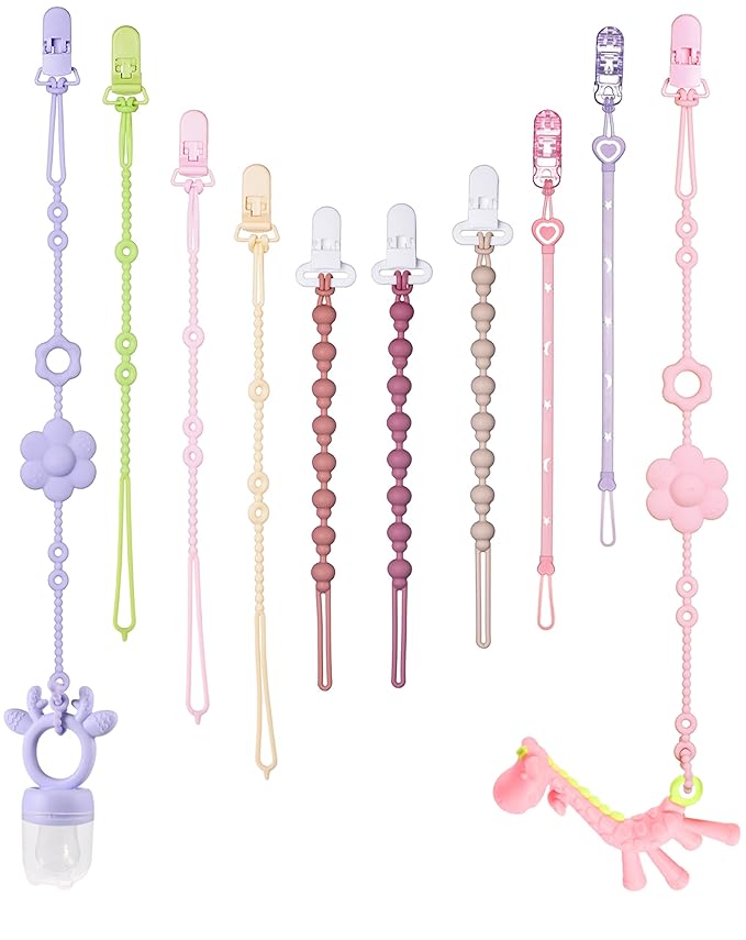 Pacifier Clips & Toy Straps 2-in-1 Combo: 10 Pack with Locking Clips | Extra Long Tethers for Stroller/Car Seat Toys + Short Leashes for Baby Pacifiers & Teethers | BPA Free Silicone (Multicolor 2)