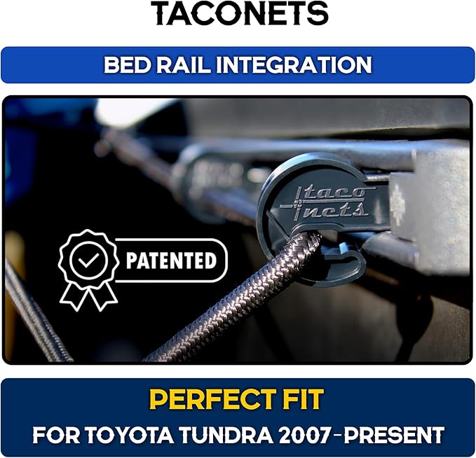 TacoNets Cargo Net for Toyota Tundra - Fits 2007-2025 - Patented Bed Rail Integration - Heavy Duty 8mm Premium Bungee 4'x6' Cargo Netting - Designed in USA