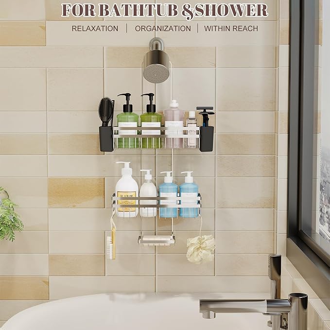 Shower Caddy Hanging for Bathroom Organizers and Storage, 3 Tier Adjustable Anti-Swing Shower Organizer Hanging with Heavy-Duty Suction Cups, Damage-Free Rustproof (Chrome)
