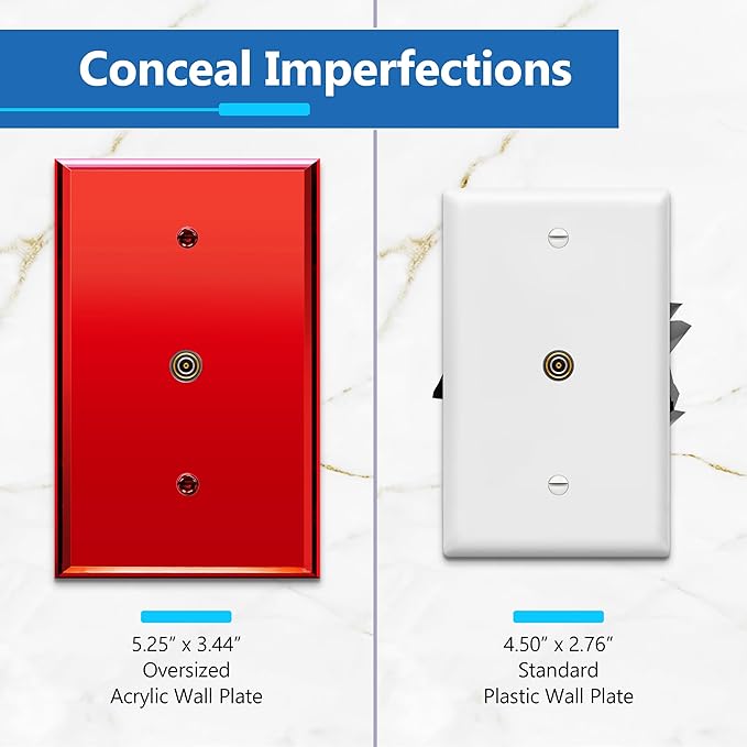 LIDER 0.406" Diameter Hole Wall Plate, Temperature/Impact Resistant, Mirrored, Plexiglass Multimedia Wire Cover, Acrylic glass, Reflective Finish, Modern, Oversized 1-Gang 5.25" x 3.44", Red