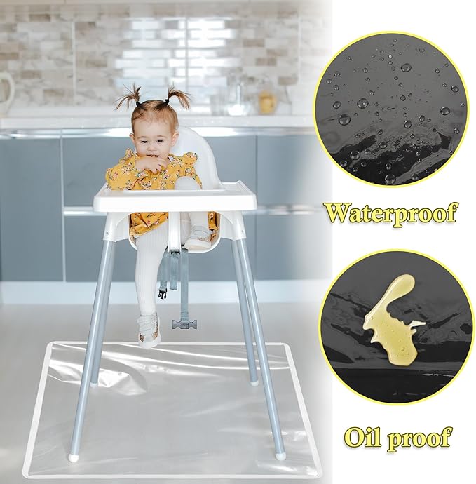 Klmnop 3 Pack Waterproof Splat Mat for High Chair, 50''x50'' Washable Baby Mealtime Splat Mat - Reusable Plastic Under Highchair Floor Protector for Play & Art(Clear)