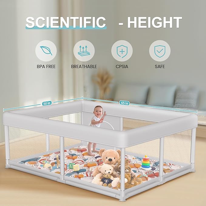 Baby Playpen with Mat 65 x 50 Inch, PlayPen for Babies and Toddlers, Sturdy Safety Play Yard for Indoor & Outdoor with Zipper Gates