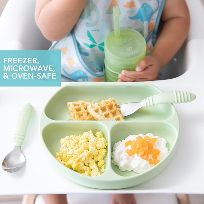 Bumkins Toddler and Baby Suction Plate, Silicone Divided Grip Dish for Babies and Kids, Baby Led Weaning, Children Feeding Supplies, Non Skid Bottom, Platinum Silicone, 6 Months Up, Gray and Sage