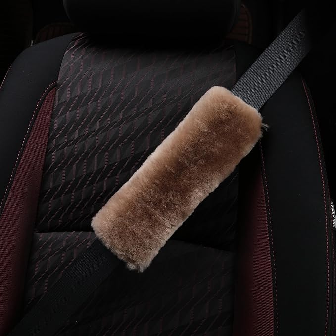 Soft Genuine Sheepskin Wool Auto Seat Belt Cover Seatbelt Shoulder Pad for a More Comfortable Driving, Compatible with All Cars(Brown)