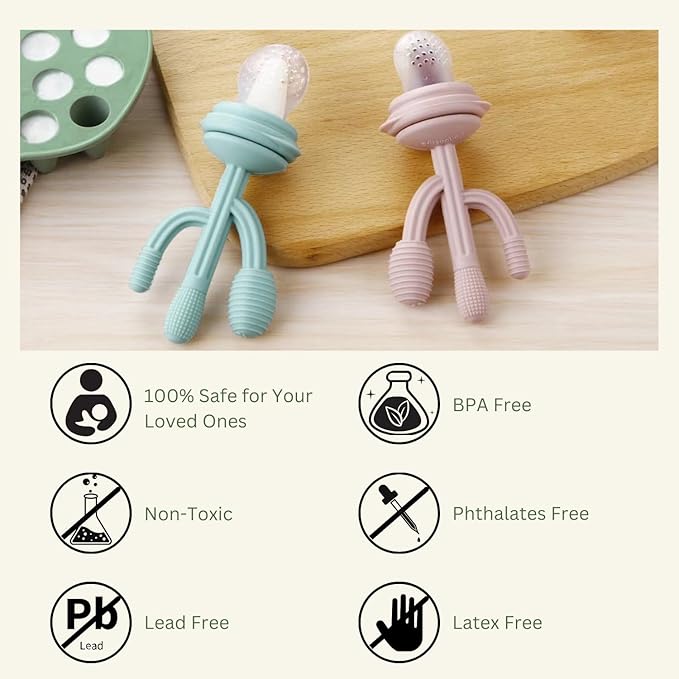 PandaEar 2 Pack Baby Breastmilk Popsicle Molds & 3 Pack Baby Fruit Food Feeder Pacifier, Baby Fruit Food Feeder Teether Tray Ice Cube Maker, Silicone Feeder Cactus Shape Teething Toy 3 Sizes Pouches
