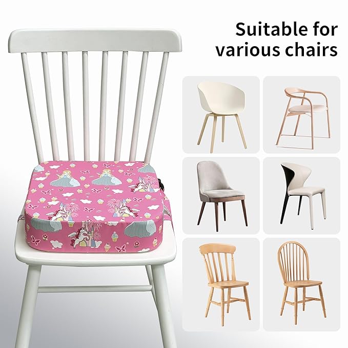 Toddler Booster Seat for Dining Table, Waterproof Kids Booster Seat for Kitchen Chair, High Density Foam Cushion with Non-Slip Bottom, Washable Cover & Adjustable Straps (Pink Castle)