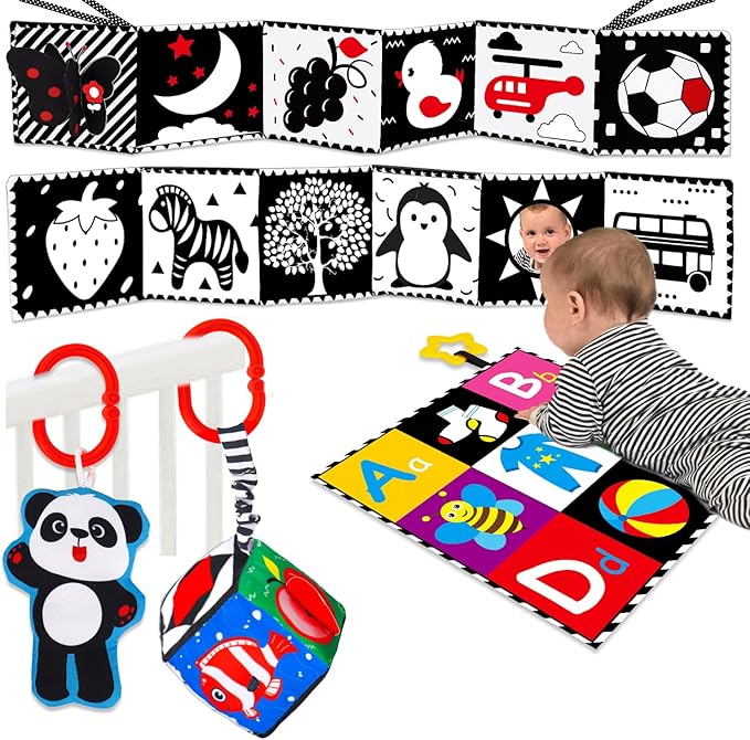4 PCS Black and White High Contrast Baby Toys 0-3-6 Months Newborn Essential Toy for Babies Crinkle Sensory Book Brain Development Tummy Time Mirror Infant Carseat Rattle Shower Easter Gifts Boy Girl