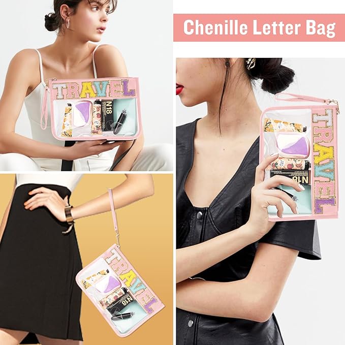 Chenille Letter Clear Travel Bags Purse Pouch, Monogram PVC & PU Clear Zipper Pouch with Wristlet, Waterproof Portable Glitter Snacks Makeup Beach Pouch Toiletry Bag for Women Girls (TRAVEL-Beige)