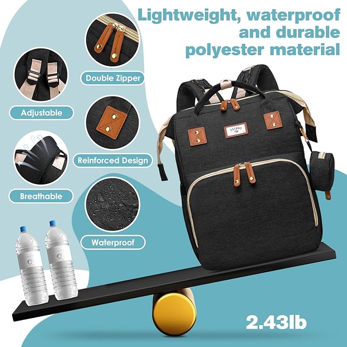 JSTPRO Diaper Bag Backpack, Large Waterproof Lightweight Diaper Bag with Changing Station, Insulated Pockets, USB Port, Travel Bag for Mom and Dad (Black)