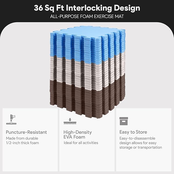 BalanceFrom Foam Floor Tiles for Kids - Non-Toxic Comfortable Baby Play Mat and Interlocking Foam Tiles for Crawling & Development, Soft Play Mat for Babies, 36 Tiles Cover 36 SQ SF